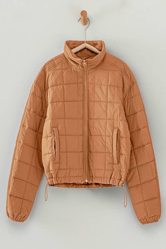 QUILTED WATER RESISTANT CROPPED PUFFER JACKET: KHAKI / S-L:2-2-2