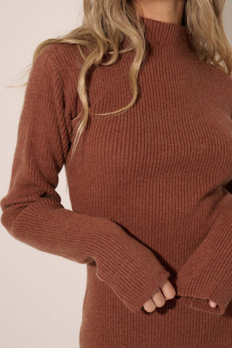 Rib Knit High Neck Side Slit Midi Sweater Dress