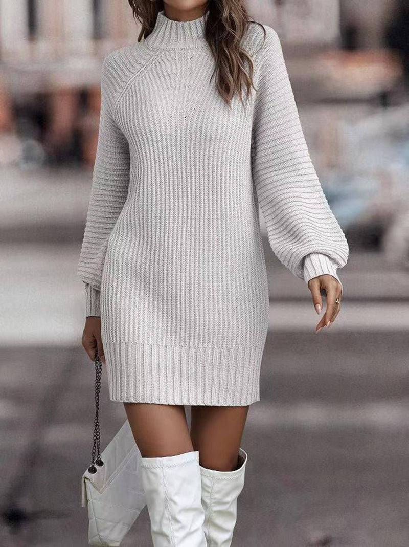 High Neck Sweater Women's Long Sleeved Knit Dress: White