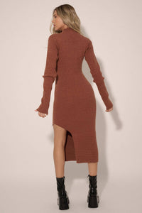 Rib Knit High Neck Side Slit Midi Sweater Dress