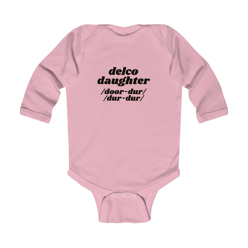 Delco Slang Top, Delco Onesie®, Daughter Onesie®, Long Sleeve Baby Delco Button Bottom, Delaware County Durdur Humor